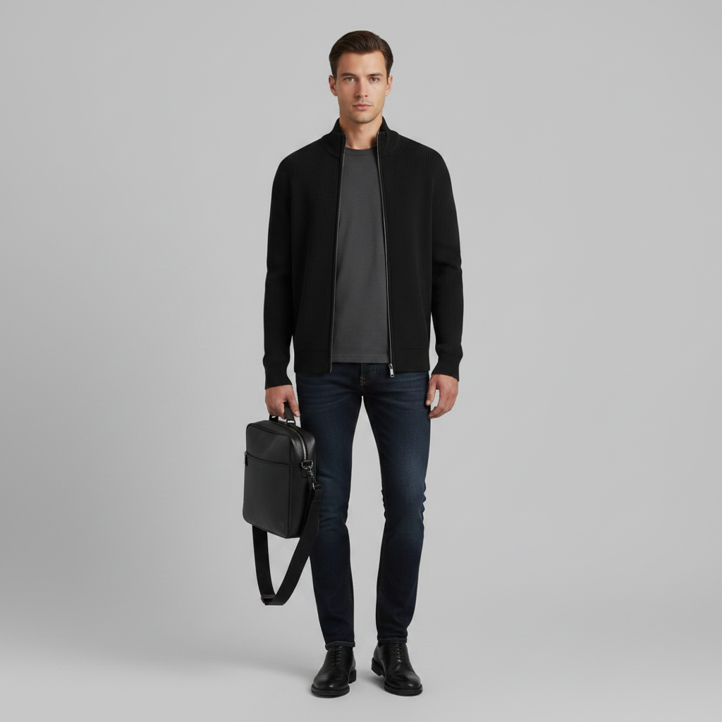 Men's Black Cardigan | Slim Fit Ribbed Zip Up Sweater