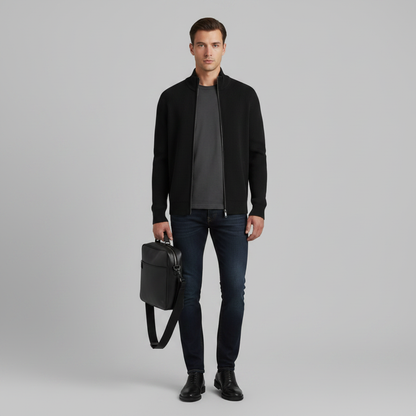 Men's Black Cardigan | Slim Fit Ribbed Zip Up Sweater