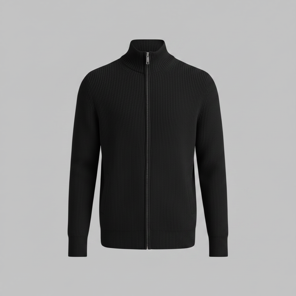 Men's Black Cardigan | Slim Fit Ribbed Zip Up Sweater