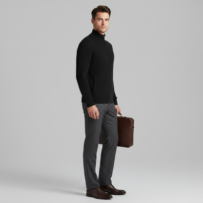 Men's Black Cardigan | Slim Fit Ribbed Zip Up Sweater