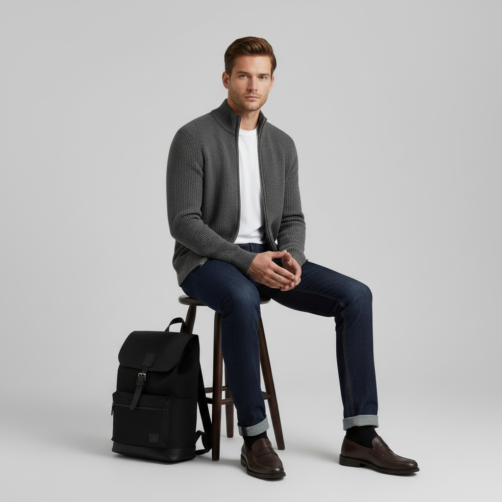 Men's Black Cardigan | Slim Fit Ribbed Zip Up Sweater