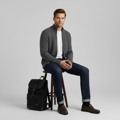 Men's Black Cardigan | Slim Fit Ribbed Zip Up Sweater