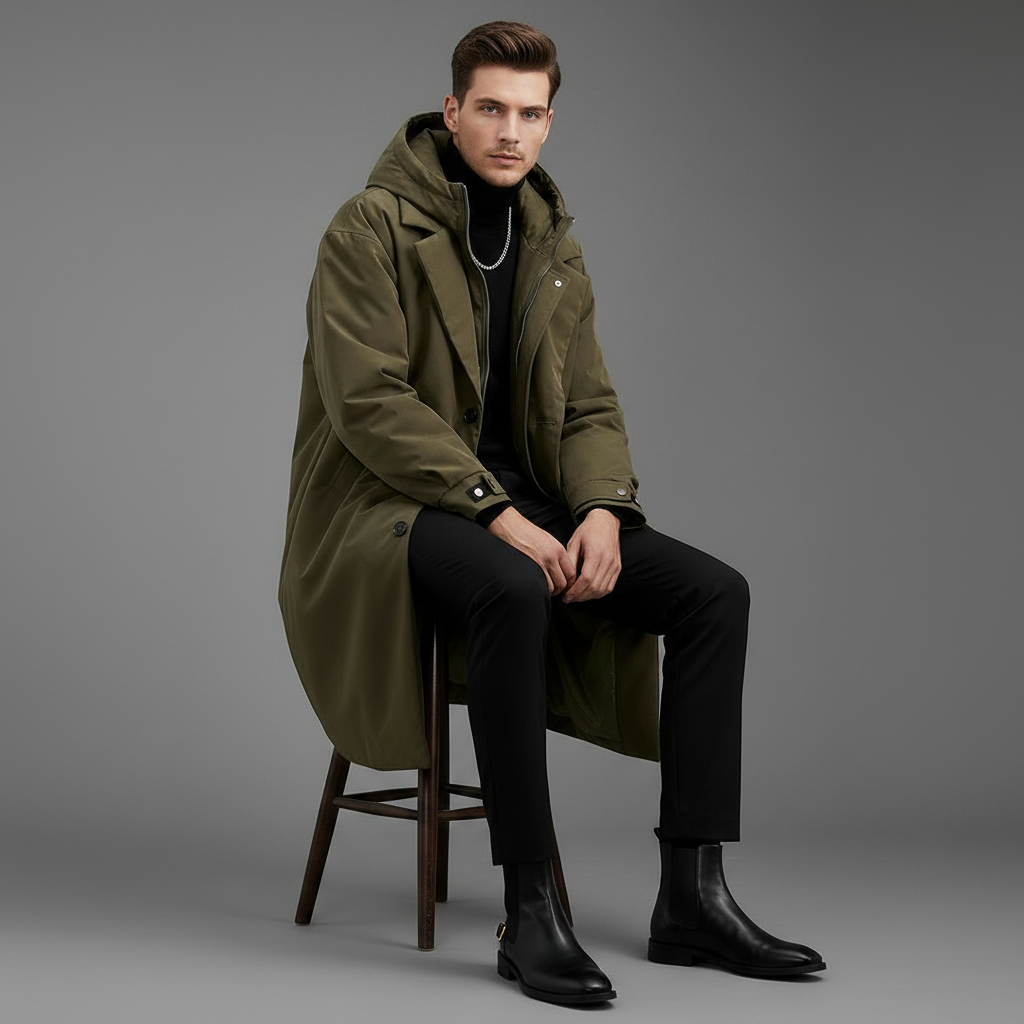 Men's Long Waterproof Trench Coat | Winter Coat with Hood